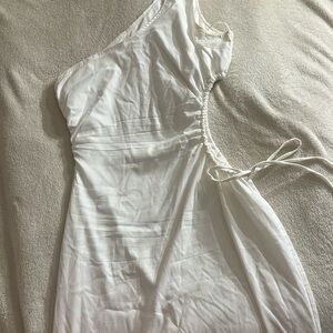 Cream Pleated One-Shoulder Maxi Dress